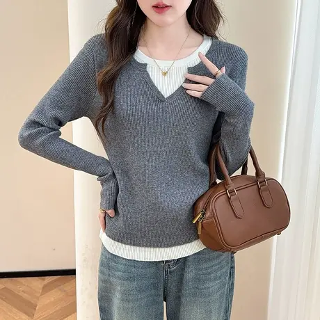 唐狮秋冬毛衣女简约百搭假两件设计套头针织衫外穿显瘦上衣女tu图片