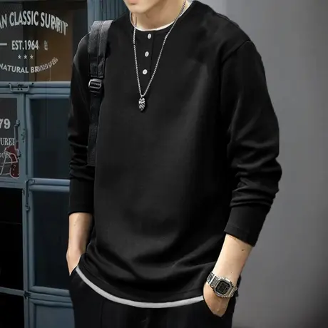 唐狮春秋新款男士圆领长袖t恤净色黑色潮流时尚百搭韩系宽松TMTA图片
