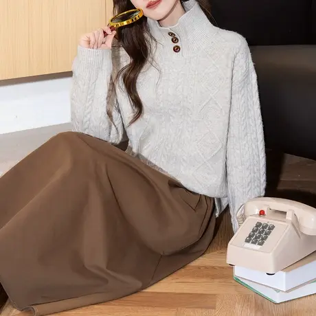 唐狮秋冬新款毛衣女超好看高龄设计感纽扣设计感百搭绞花套头TD商品大图