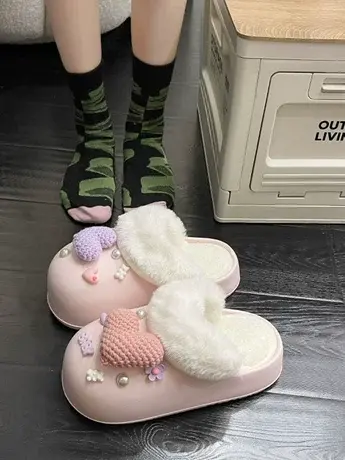 马卡龙色系爱心花朵包头拖秋冬少女外穿厚底松糕棉拖鞋可拆卸半拖商品大图