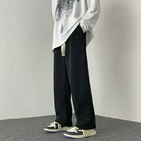 手工编织抽绳卫裤男宽松直筒ins大码阔腿裤潮流秋季加绒休闲裤子商品大图