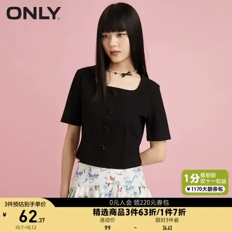 ONLY奥莱夏季短款修身蝴蝶结法式复古方领T恤女商品大图