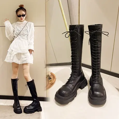 长筒马丁靴女2023新款春秋单靴粗跟厚底骑士靴系带长靴网红瘦瘦靴图片
