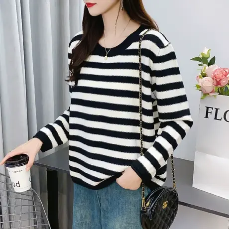 条纹针织衫毛衣女秋冬2023新款爆款洋气时尚慵懒宽松打底衫内搭女商品大图