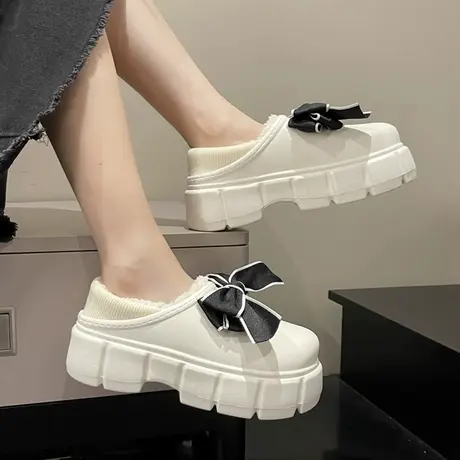 仙女风蝴蝶结包跟棉拖鞋女2023秋冬新款百搭厚底两穿加绒毛毛棉鞋商品大图