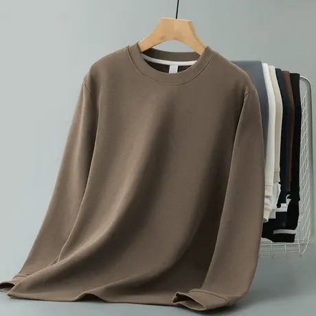 450g重磅圆领长袖t恤男装秋冬保暖加绒加厚纯色上衣服内搭打底衫商品大图