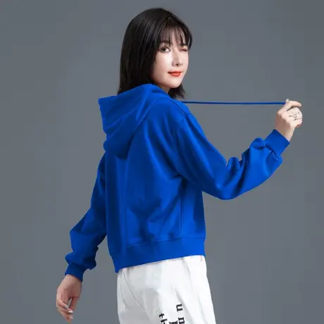 蓝色克莱因蓝卫衣女2023新款秋冬加绒带帽休闲小个子短款上衣外套图片