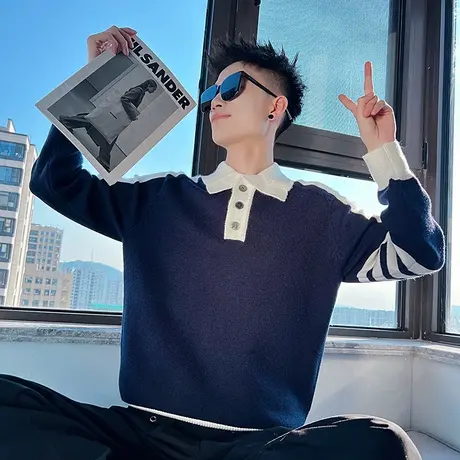 针织毛衣男秋冬新款拼色高级感休闲穿搭轻熟风POLO领打底线衣t恤商品大图