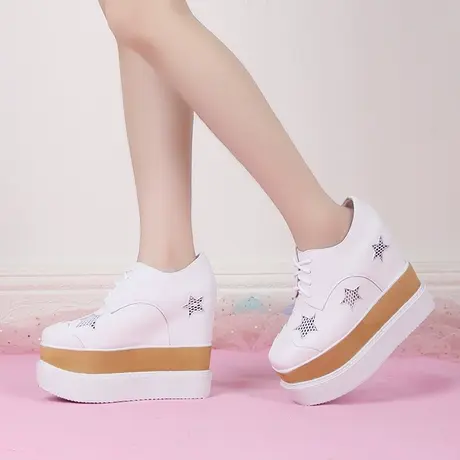 英伦风皮鞋坡跟浅口单鞋内增高小白鞋女13厘米休闲牛皮厚底松糕鞋商品大图