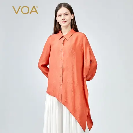 VOA真丝提花冠乐绉荔枝红色POLO领单排扣印花蝙蝠袖桑蚕丝衬衫商品大图