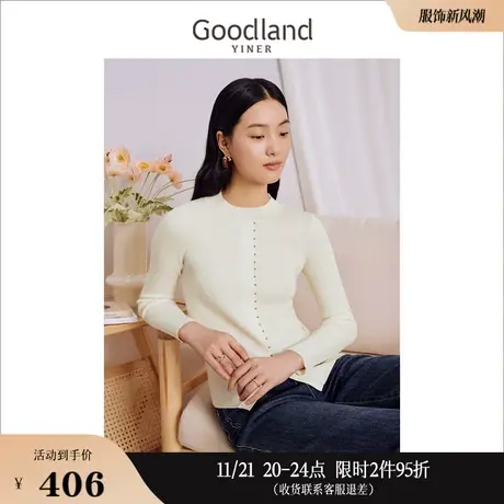 Goodland美地女装2023秋季钉珠装饰下脚开衩设计针织衫圆领图片