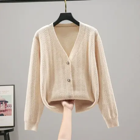 22068春秋新款韩版宽松纯色V领针织衫纽扣开衫外套女士百搭长袖女图片