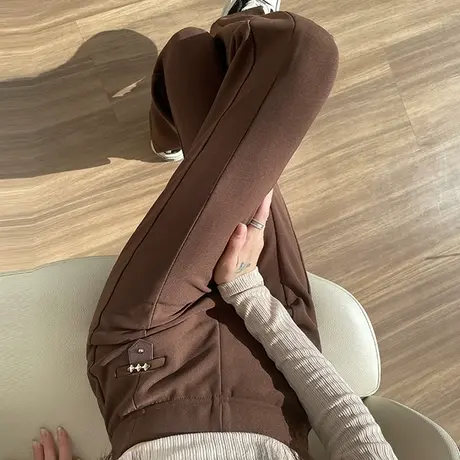 针织开叉喇叭裤女春秋2024年高腰显瘦垂感咖色休闲拖地西装微喇裤商品大图
