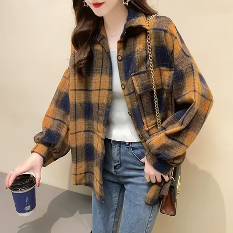 格子衬衫女2023春秋新款女装韩版宽松印花口袋慵懒上衣潮ins图片