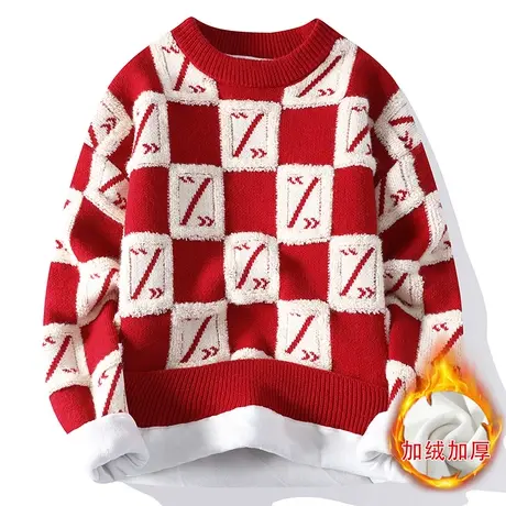 加绒格子毛衣男秋冬季加厚男士针织打底衫保暖青少年学生潮流线衣商品大图