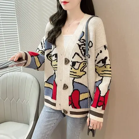 2023春秋新款开衫V领卡通设计长袖单排扣毛衣外套慵懒风外穿女士商品大图