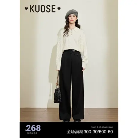 阔色不对称拼接黑色休闲裤女2023秋冬新款高腰阔腿直筒西装长裤子商品大图