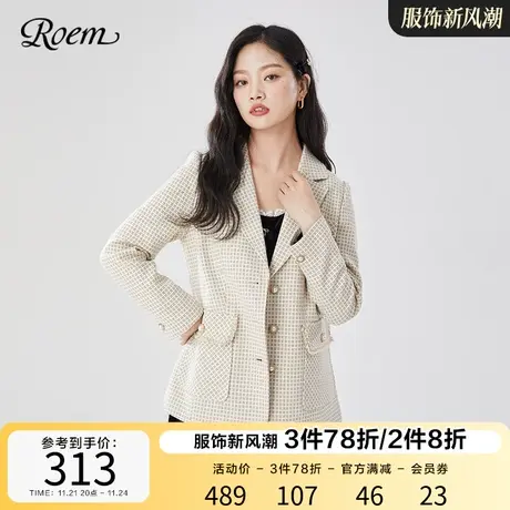 Roem商场同款气质格纹毛呢西装春秋新款宽松西装粗毛呢外套商品大图