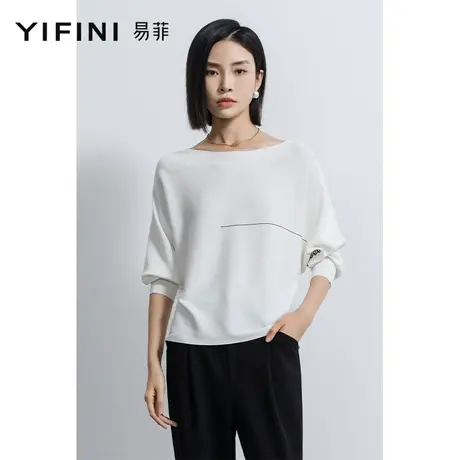 Yifini/易菲简约一字领米白色针织衫女2023春秋新款宽松百搭毛衫商品大图