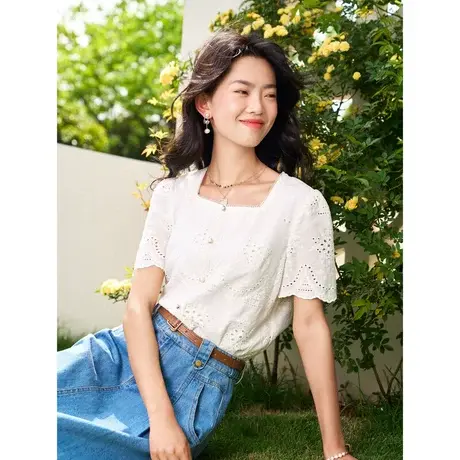 时尚气质短袖衬衫2023年夏季新款淑女温柔方领显瘦通勤上衣图片