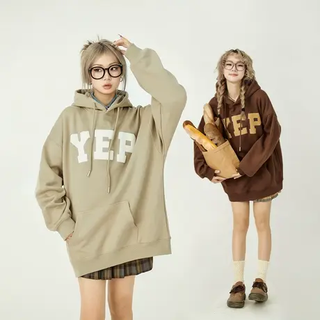yep连帽美式复古字母卫衣女春秋中长款上衣外套发泡棕色oversize图片