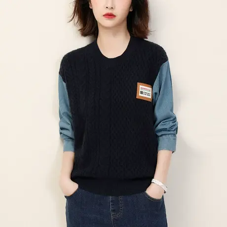 新品88折】设计感牛仔拼接套头毛衣女冬季新款外穿针织衫上衣厚商品大图
