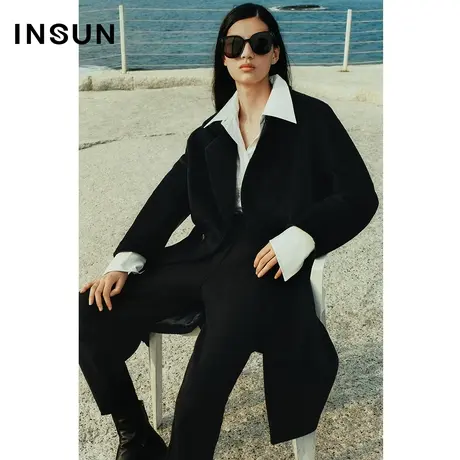 INSUN恩裳冬季两粒扣羊毛兔毛混纺毛呢大衣商品大图