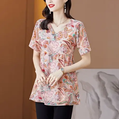 大码短袖雪纺衫女2023夏季新款宽松v领时尚碎花小衫遮肚子女上衣图片