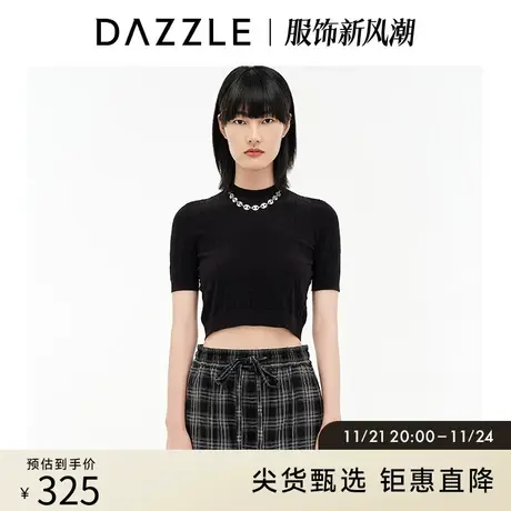 DAZZLE地素奥莱 黑色小众镂空针织衫短袖上衣女2D3E3041A商品大图