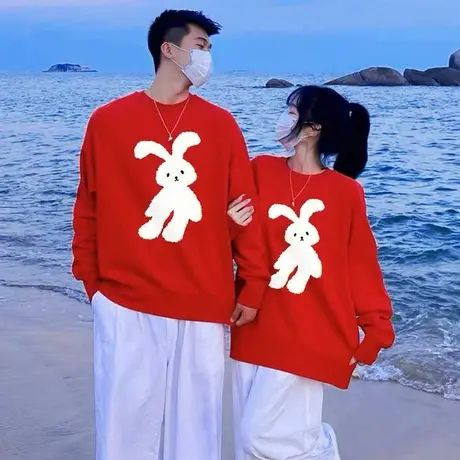 兔年本命年衣服女2024秋冬新款情侣装中长款加绒加厚红色卫衣外套商品大图