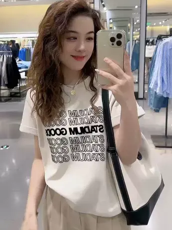 圆领短袖t恤衫女正肩设计感小众夏装印花百搭字母宽松上衣体恤潮图片