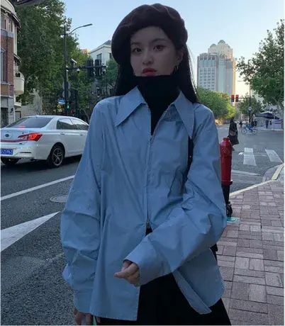 日系衬衫女2022春装宽松韩版复古港味设计感小众法式长袖别致上衣商品大图