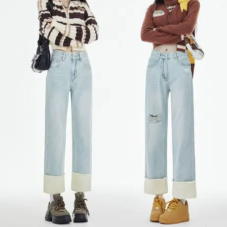 浅色直筒牛仔裤女秋2023年新款春秋九分小个子高腰显瘦窄版烟管裤商品大图