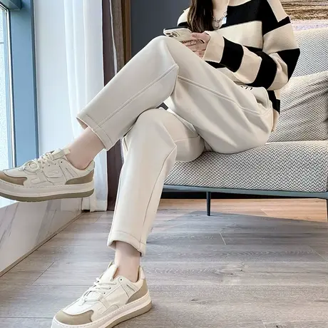 哈伦裤女2023新款秋冬加厚高腰直筒显瘦休闲萝卜裤双面毛呢防风裤商品大图