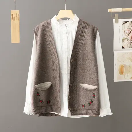 早秋针织开衫马甲背心女v领宽松外穿无袖坎肩上衣休闲慵懒风毛衫商品大图