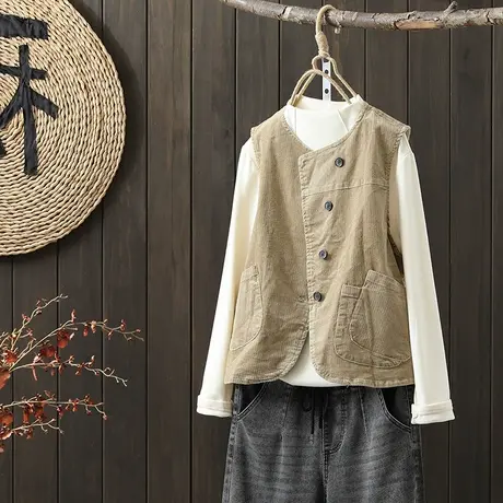 枫谜2022秋季新款复古文艺灯芯绒宽松百搭马夹秋冬外搭无袖开衫图片