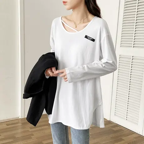 t恤女长袖宽松上衣白色洋气打底衫女2022年春季新款叠穿卫衣内搭图片