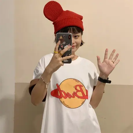 红续韩版复古短袖T恤女2023新款小个子宽松显瘦印花撞色拼接上衣商品大图