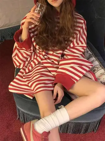 韩国东大门2023春装新款时尚百搭条纹连帽宽松慵懒卫衣连衣裙女潮商品大图