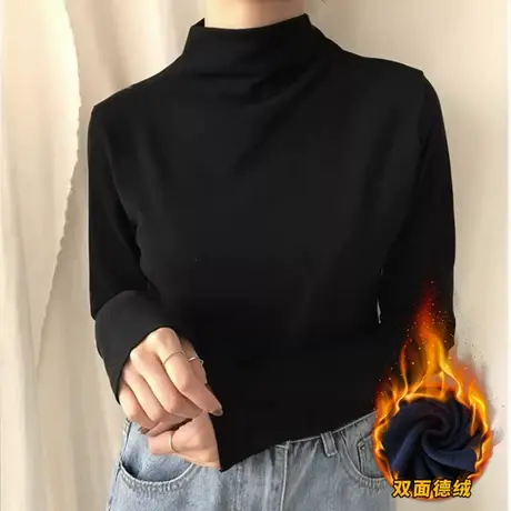 黑色加绒半高领打底衫t恤女2023秋冬新款内搭韩版修身保暖上衣ins图片