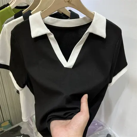 欧货v领t恤女短袖ins潮夏装2024新款洋气别致小衫短款上衣polo衫商品大图