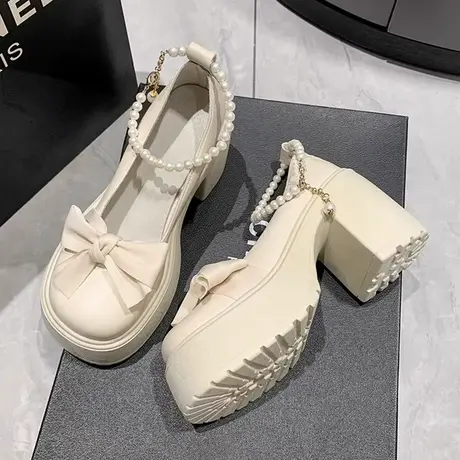 日系厚底玛丽珍鞋女2023年新款秋季珍珠蝴蝶结法式高跟小皮鞋单鞋商品大图