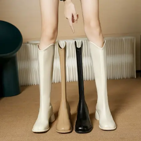 法式v口长筒靴女春夏季2023新款粗跟高跟靴子复古大码显瘦骑士靴图片