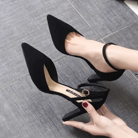 粗跟高跟鞋2024春夏新款一字带尖头高跟浅口单鞋女网红黑色工作鞋图片