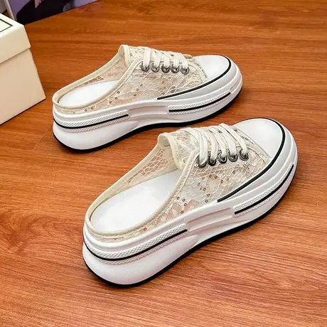 夏季透气网纱包头半拖鞋女2023新款休闲懒人小白鞋厚底显高凉拖鞋商品大图