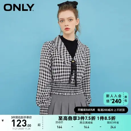 ONLY奥莱夏季学院风短款修身棋盘格花边领雪纺衫女图片