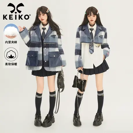 KEIKO [两穿]英伦格子短款毛呢外套秋冬设计感复拼皮夹棉西装外套商品大图