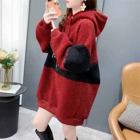 中长款加绒加厚羊羔毛连帽卫衣女2023新款冬季宽松慵懒风上衣外套图片