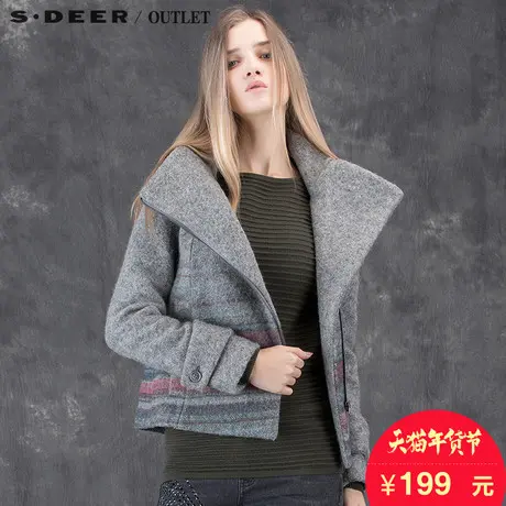 sdeer圣迪奥女2017冬装撞色印花毛呢大衣连帽短款外套S14482249图片