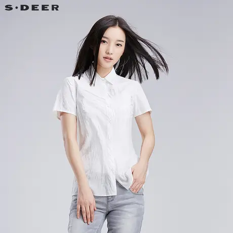 sdeer圣迪奥女装夏装愫白异域纯色印花抓皱学院短袖衬衫S16280433图片